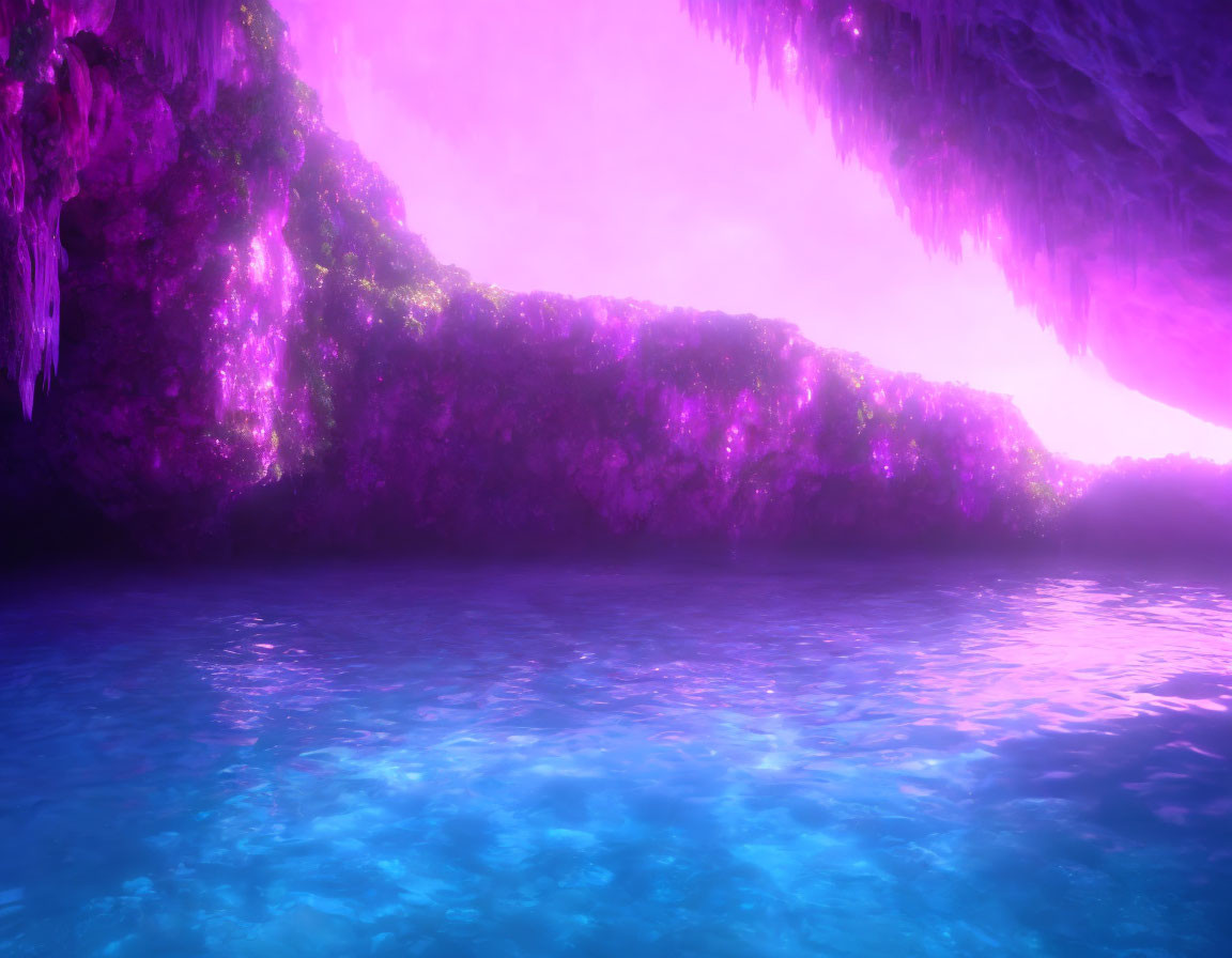 Vibrant Cave with Pink and Purple Hues and Glowing Stalactites