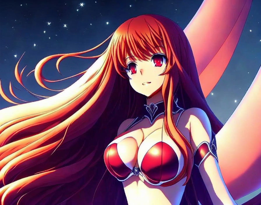 Anime character with long orange hair in red outfit on starry night background