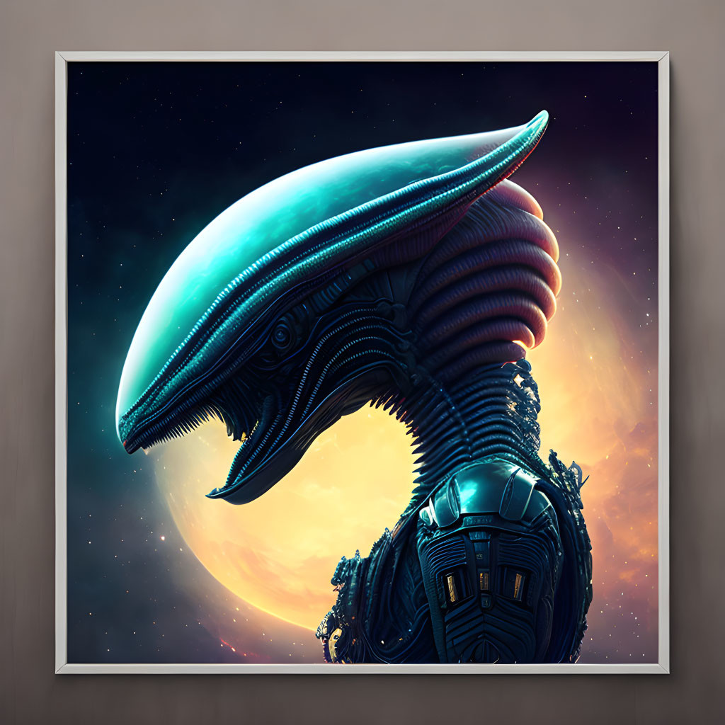 Alien with sleek head and mechanical body in cosmic backdrop frame