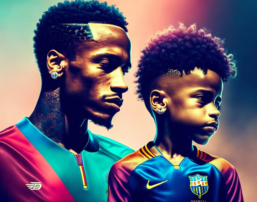 Adult and child with bold hairstyles in colorful soccer jerseys