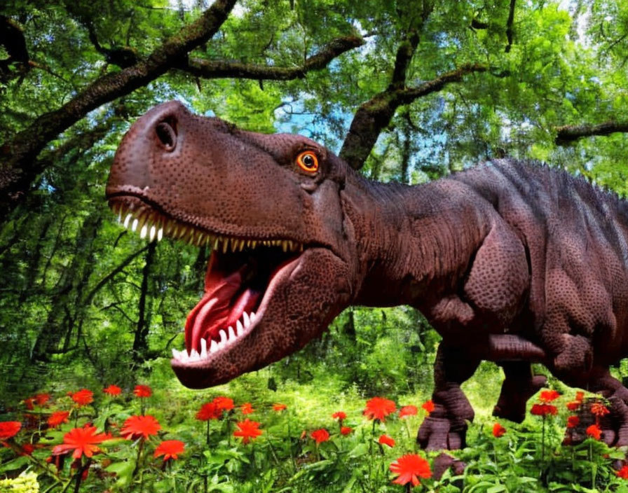 Large Tyrannosaurus Rex in lush forest with red flowers