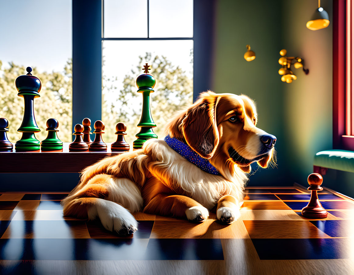 Golden Retriever Resting on Chessboard Floor with Oversized Chess Pieces and Trees Outside