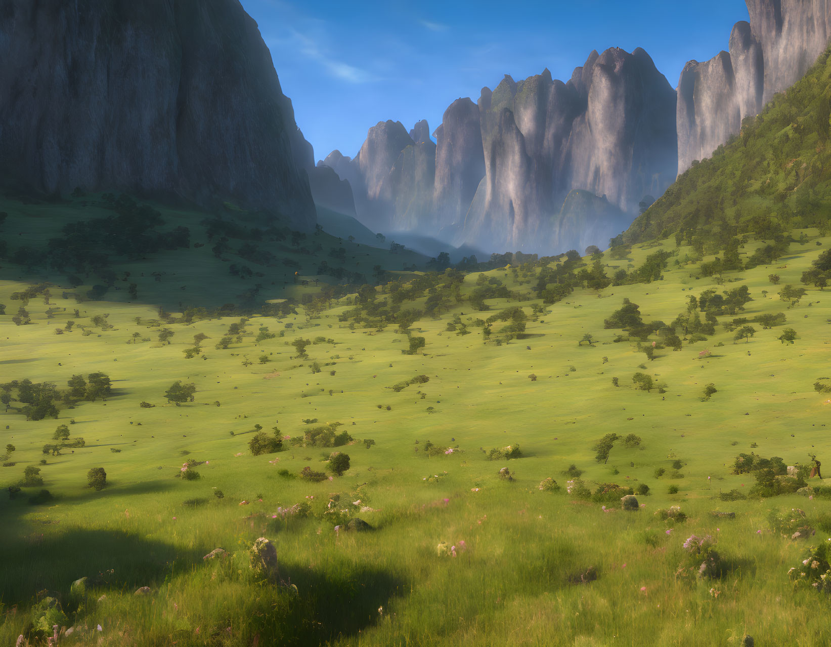 Scenic valley with green grass, trees, mountains, and blue sky