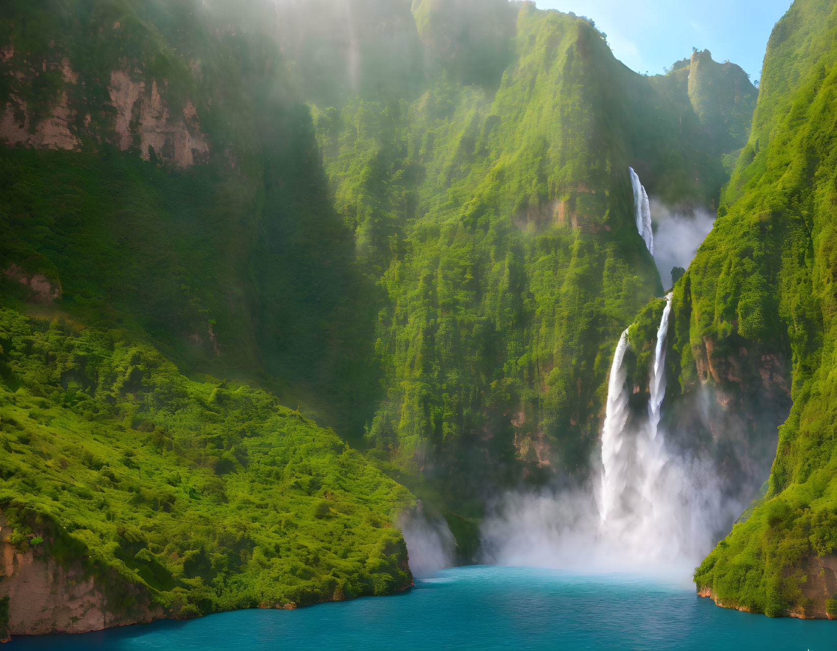 Majestic waterfall flowing into turquoise lake amidst lush green cliffs