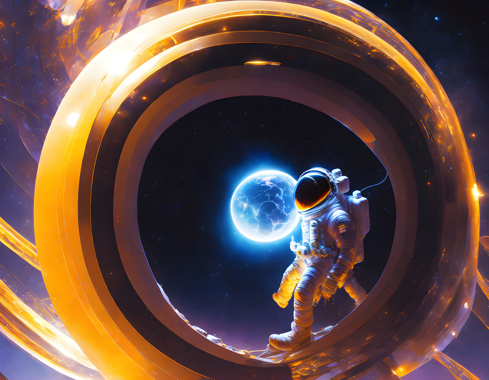 Astronaut spacewalking near glowing circular structure in space.