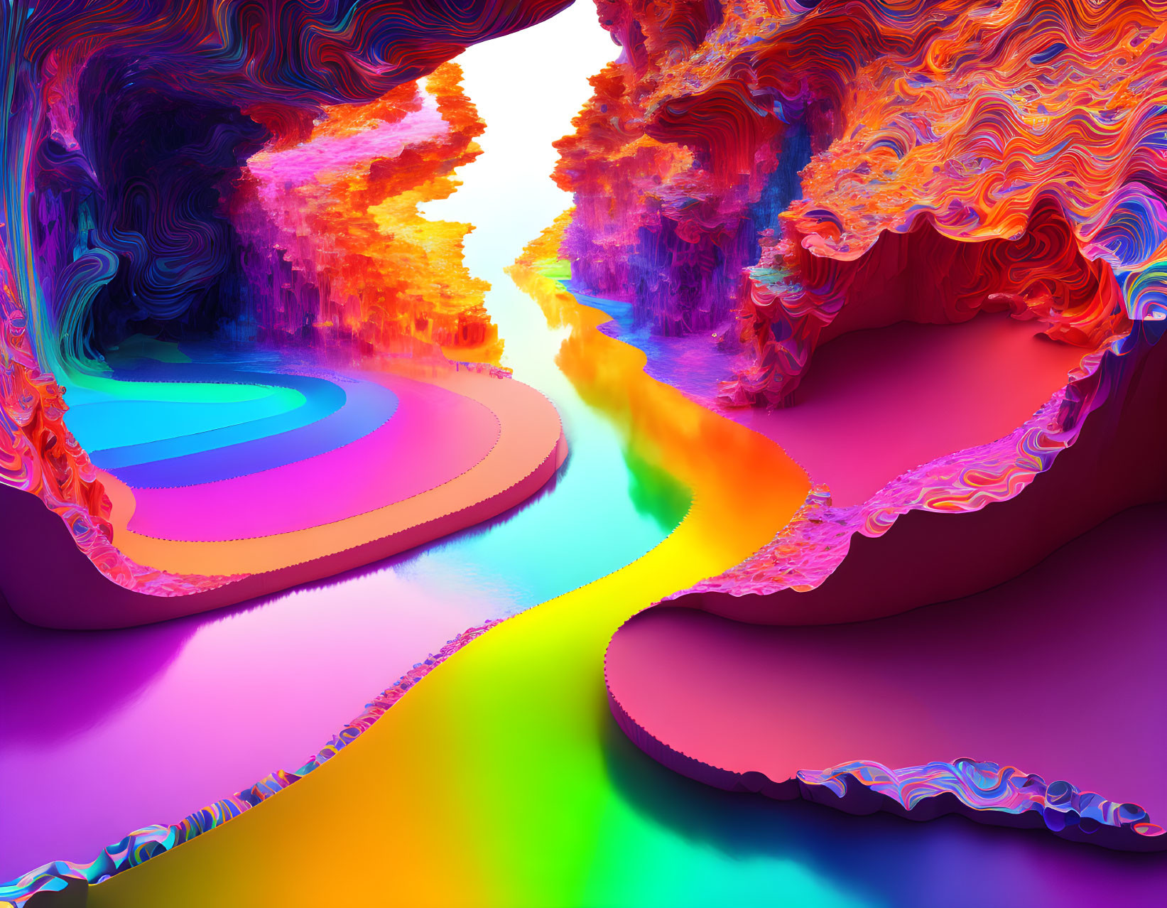 Colorful digital landscape with rainbow path between textured cliffs