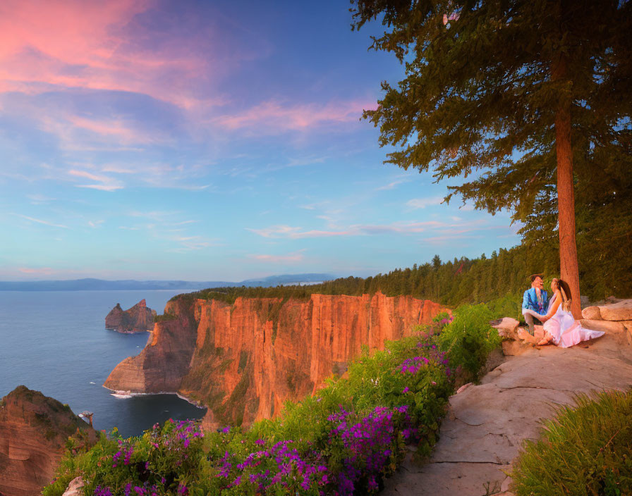 Couple sitting under tree on cliff overlooking colorful sunset sea