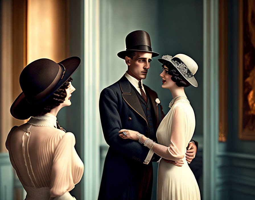 Vintage couple in elegant attire with woman in hat in blue room