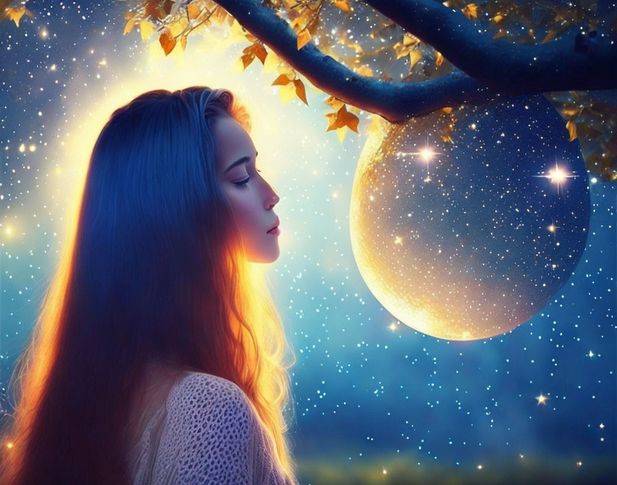 Woman under glowing tree with luminous orb: Dreamy nighttime scene