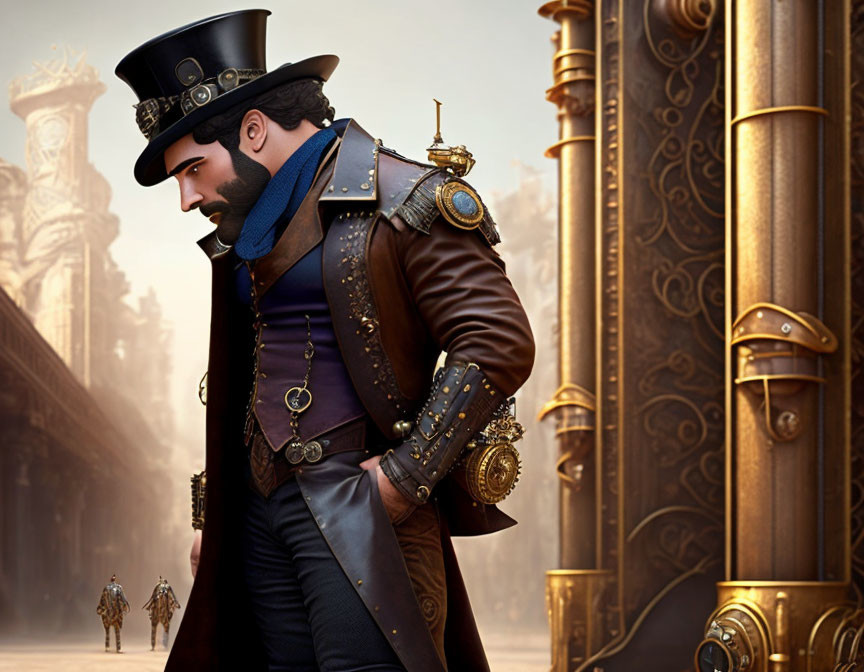 Steampunk-inspired animated character in Victorian attire with top hat and mechanical arm in cityscape.