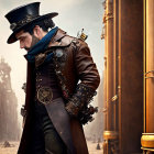 Steampunk-inspired animated character in Victorian attire with top hat and mechanical arm in cityscape.