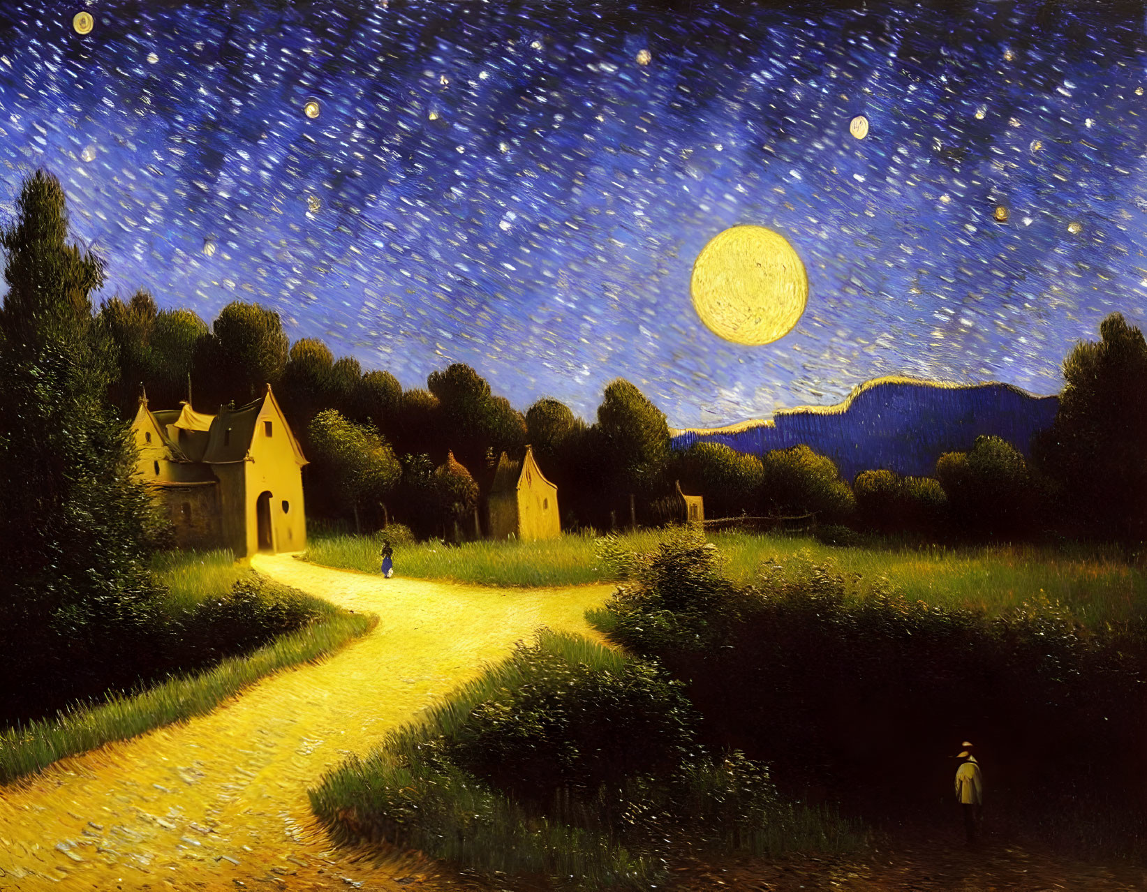 Night scene painting with vibrant yellow moon, starry sky, houses, trees, and human figures.