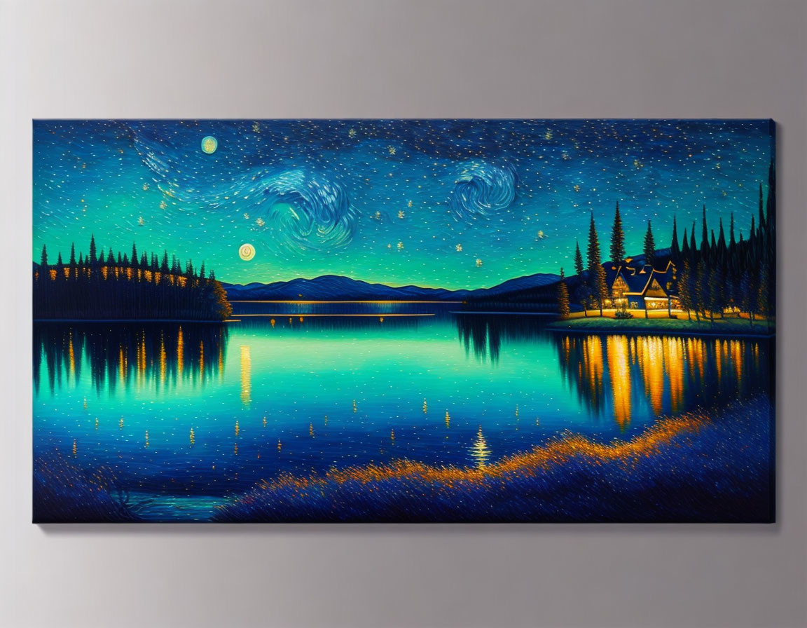 Night Scene Painting: Reflective Lake, Starry Sky, Cabin, Pine Trees