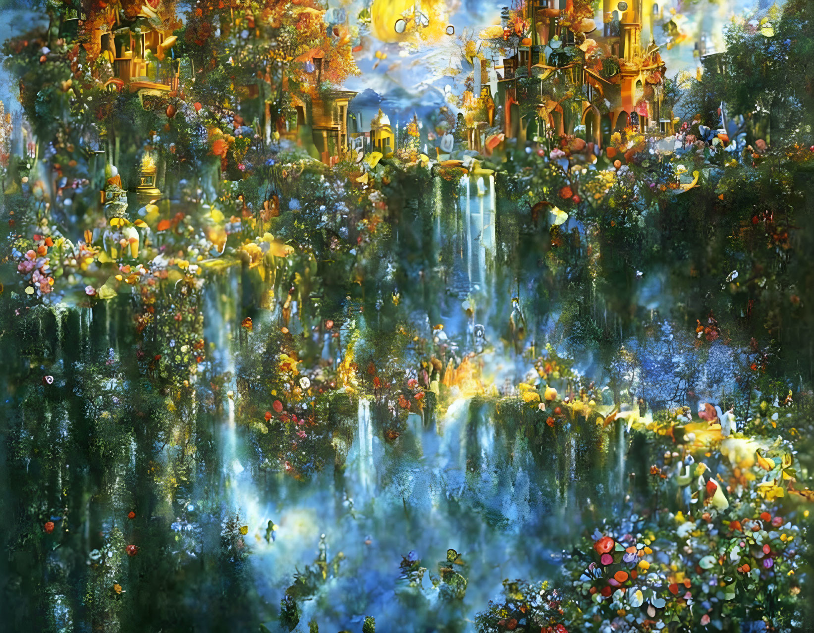 Ethereal landscape with golden castles, waterfalls, lush foliage