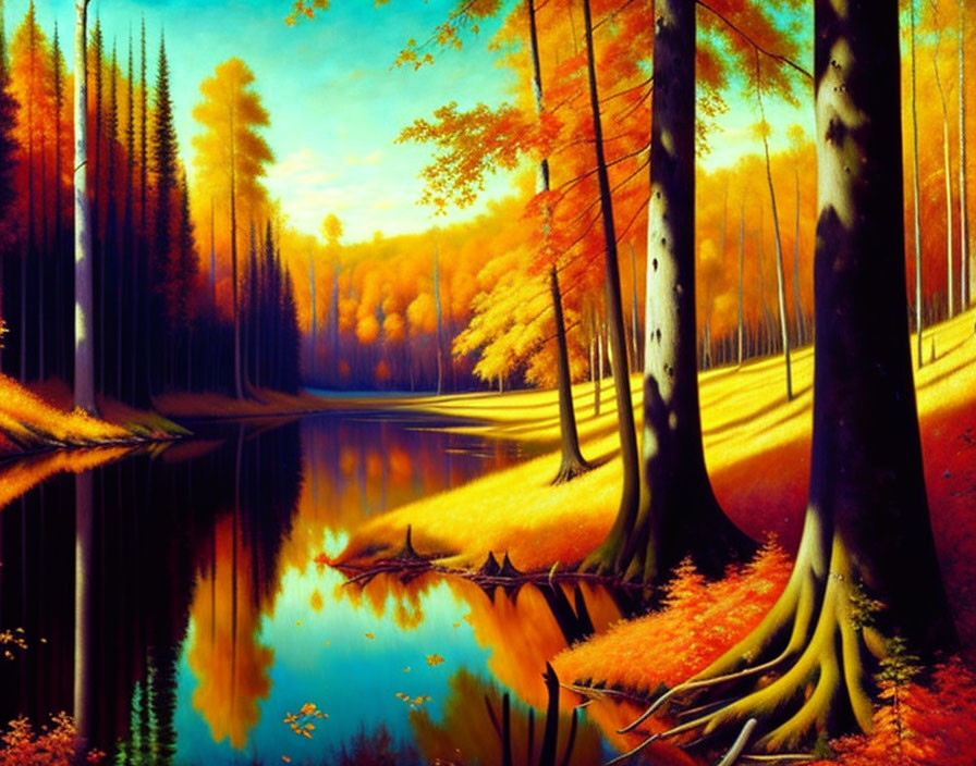 Vibrant autumn forest reflection in calm waterside