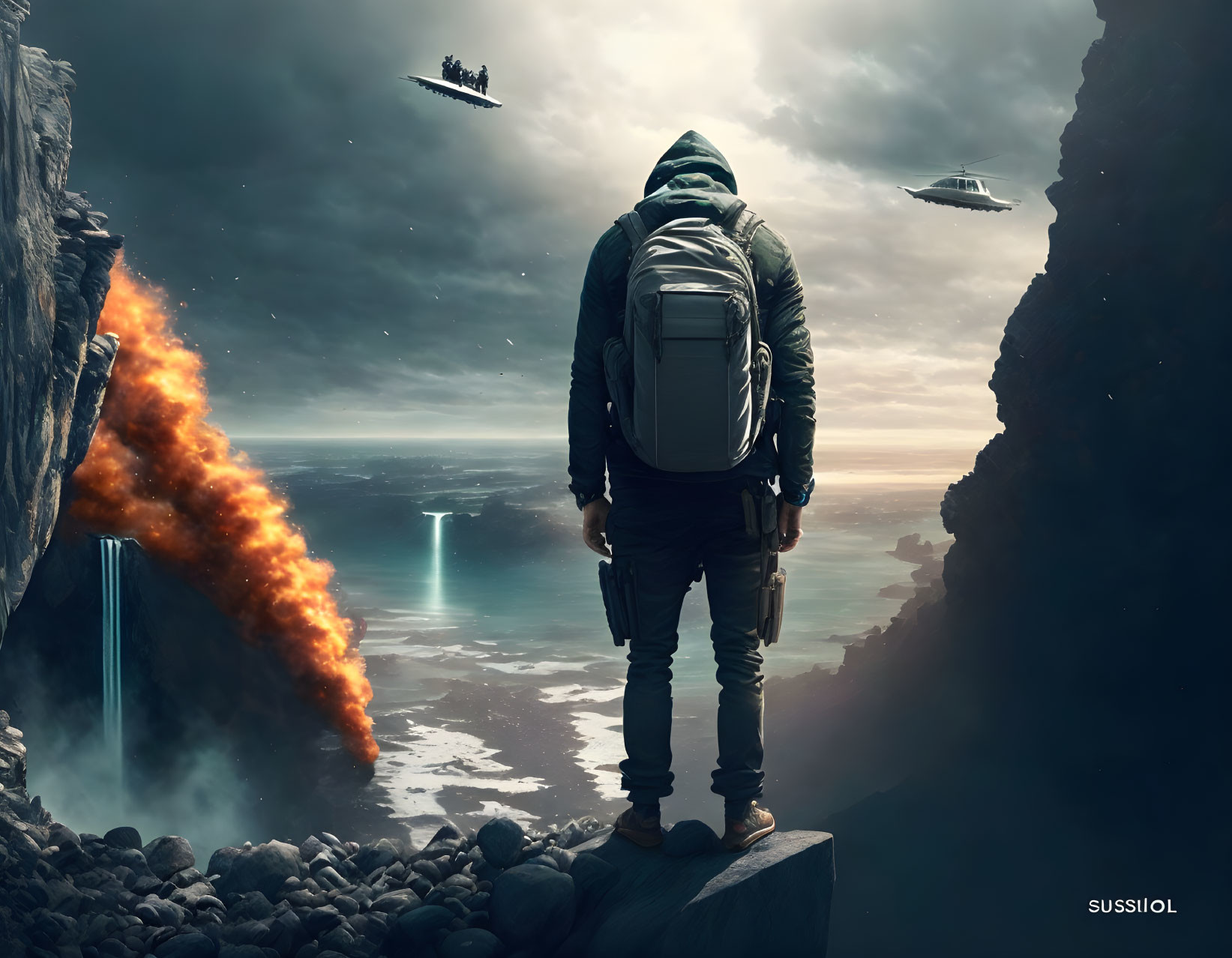 Hooded figure on rocky shore gazes at futuristic ships and beacon in dramatic landscape