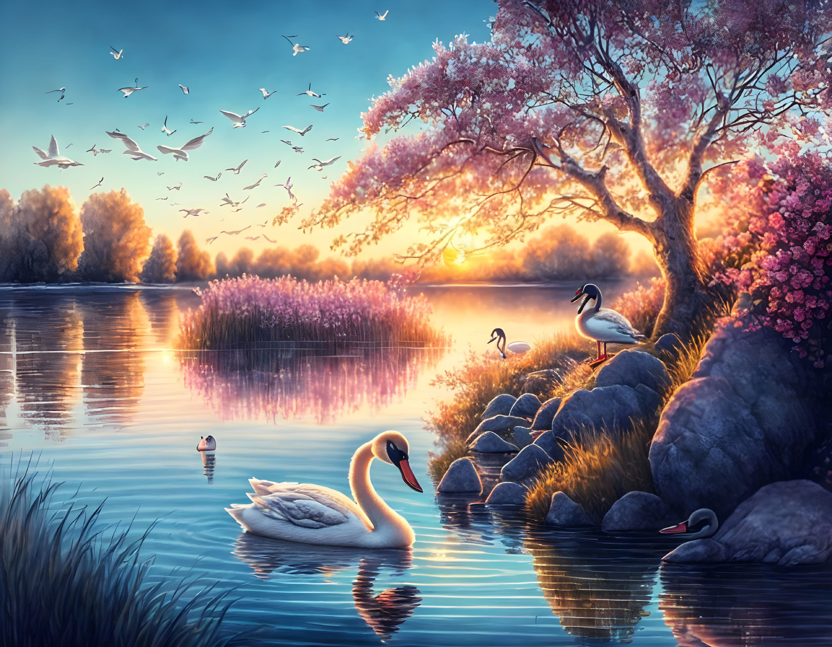 Tranquil lakeside sunset with swans, flowering tree, and reflections