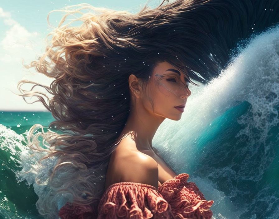 Woman with flowing hair merging with a wave in a sunlit seascape