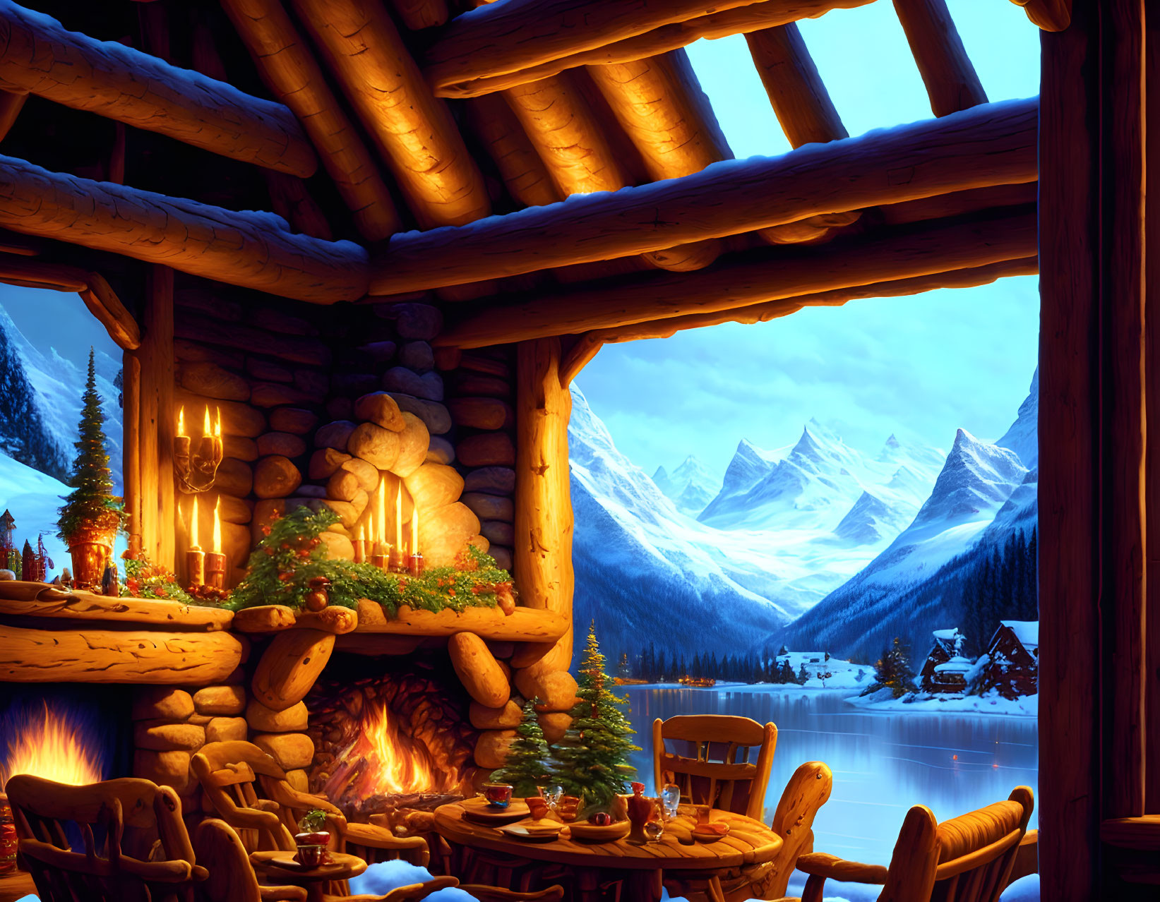 Rustic mountain cabin interior with fireplace, candles, festive decor, snowy landscape.