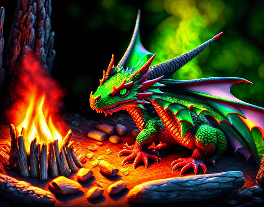 Detailed illustration of green dragon by campfire in forest