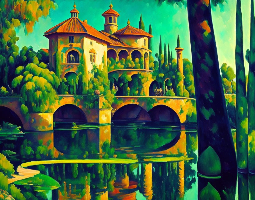 Ornate villa painting: Terracotta roofs, bridge, river, cypress trees