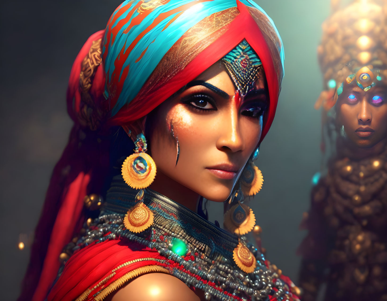 Detailed digital art portrait of woman with amber eyes, jewelry, colorful headscarf, and mysterious figure