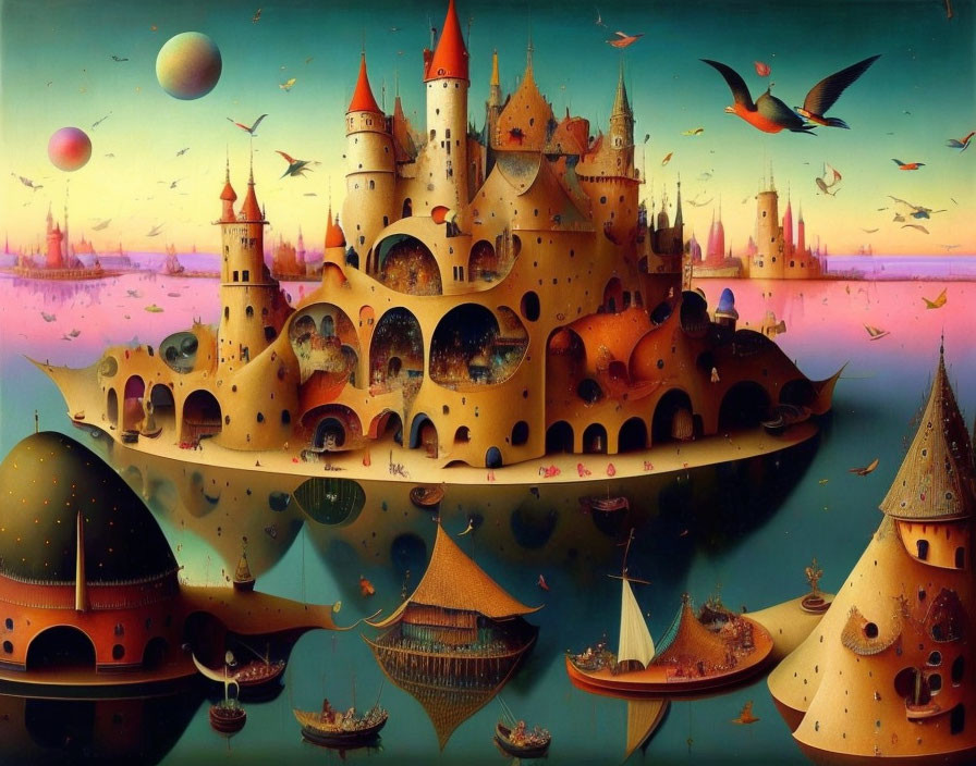 Whimsical floating island with surreal castles and flying boats