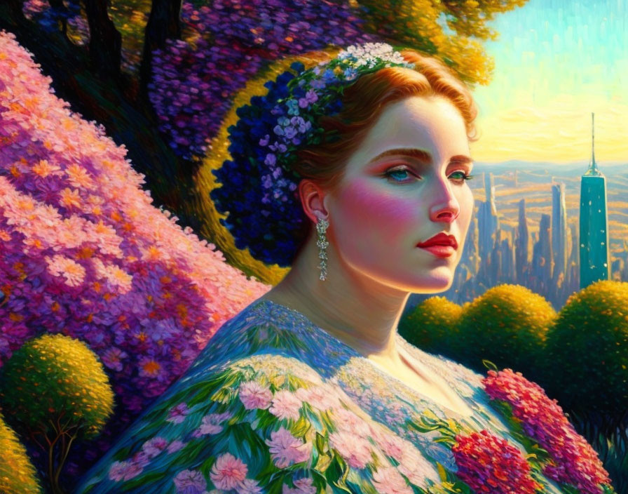 Vibrant digital art: woman with floral crown in colorful cityscape