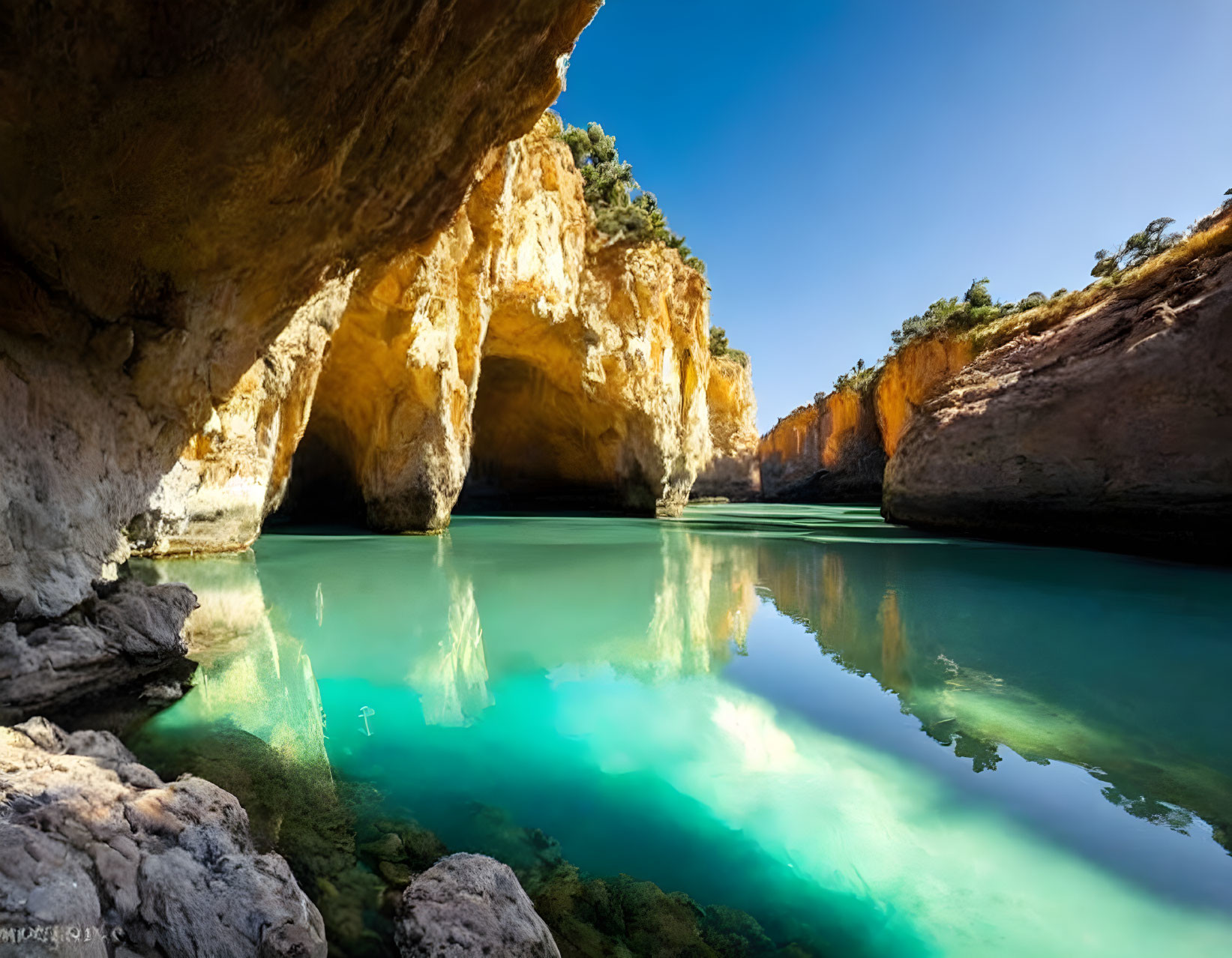 Turquoise Water Surrounded by Rocky Cliffs and Cave Opening