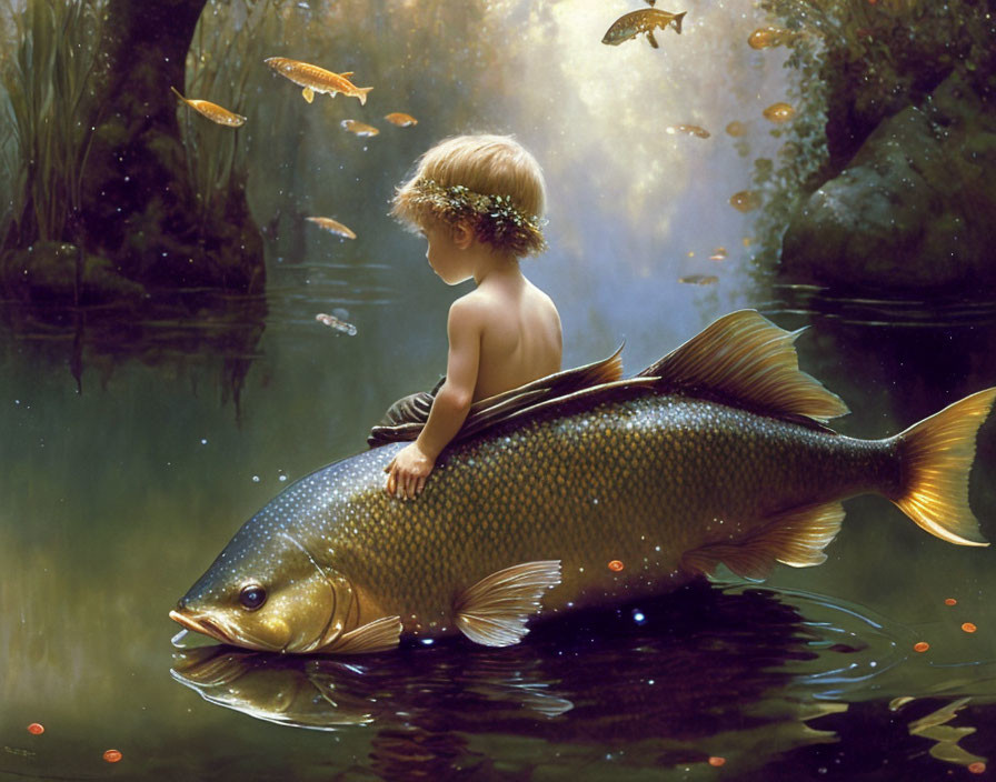 Child with wreath on giant fish in serene pond with floating leaves and fish - magical fairy-tale