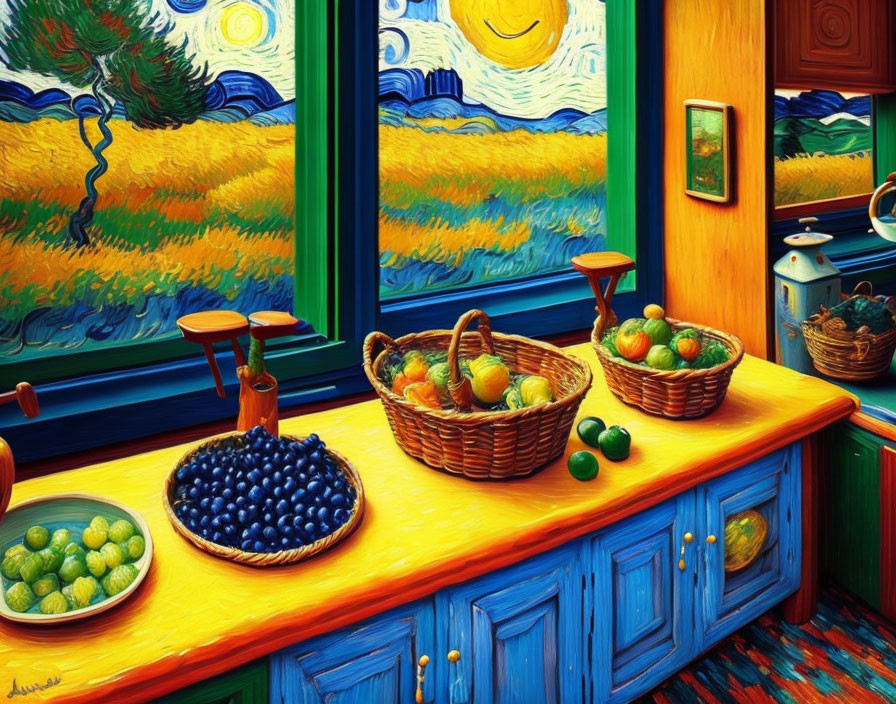 Colorful Kitchen Painting with Blue Cabinets and Fruit Baskets