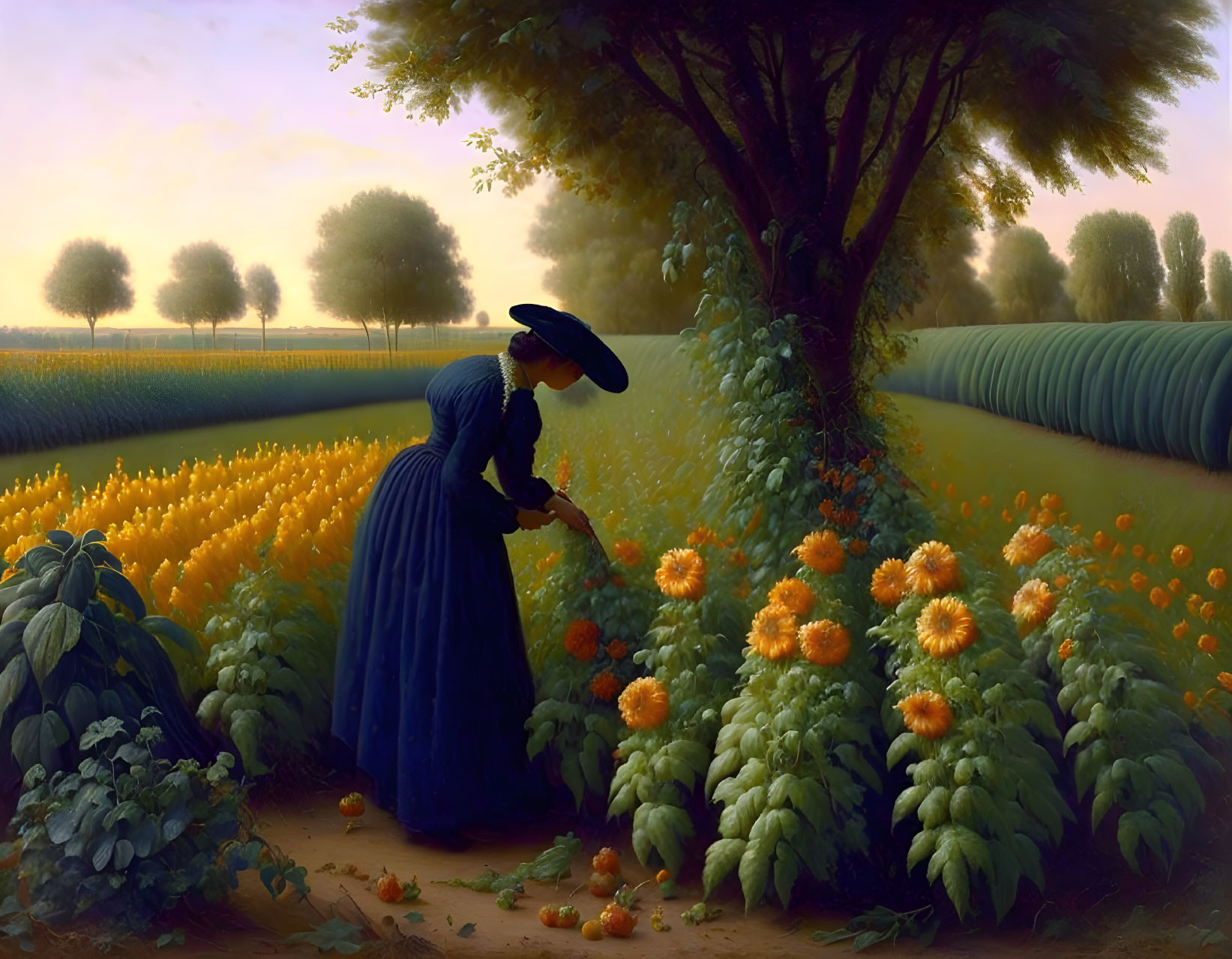 Woman in Blue Dress and Hat Tending Orange Flowers in Garden at Dawn or Dusk