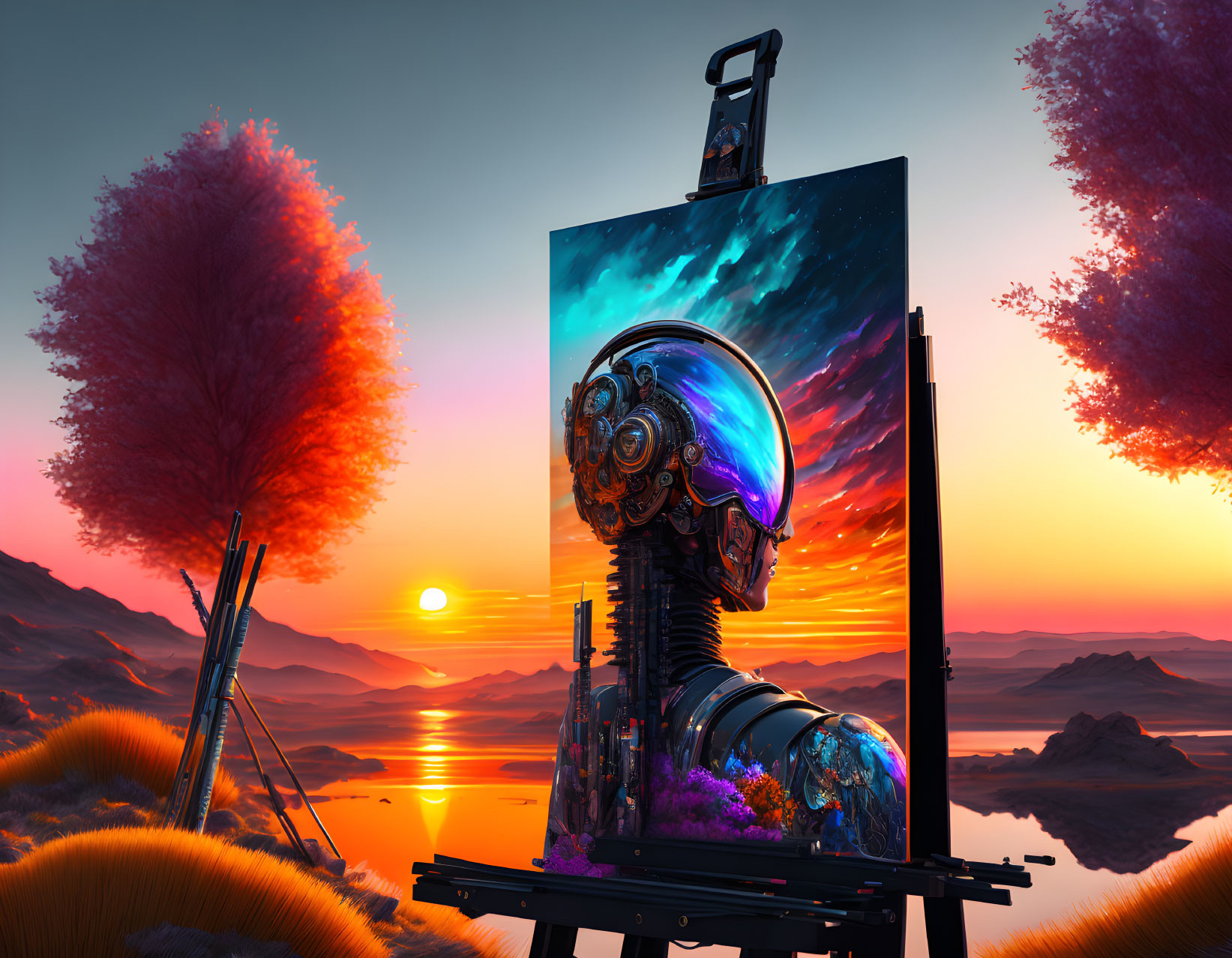 Colorful painting of robotic humanoid head in cosmic sunset scene