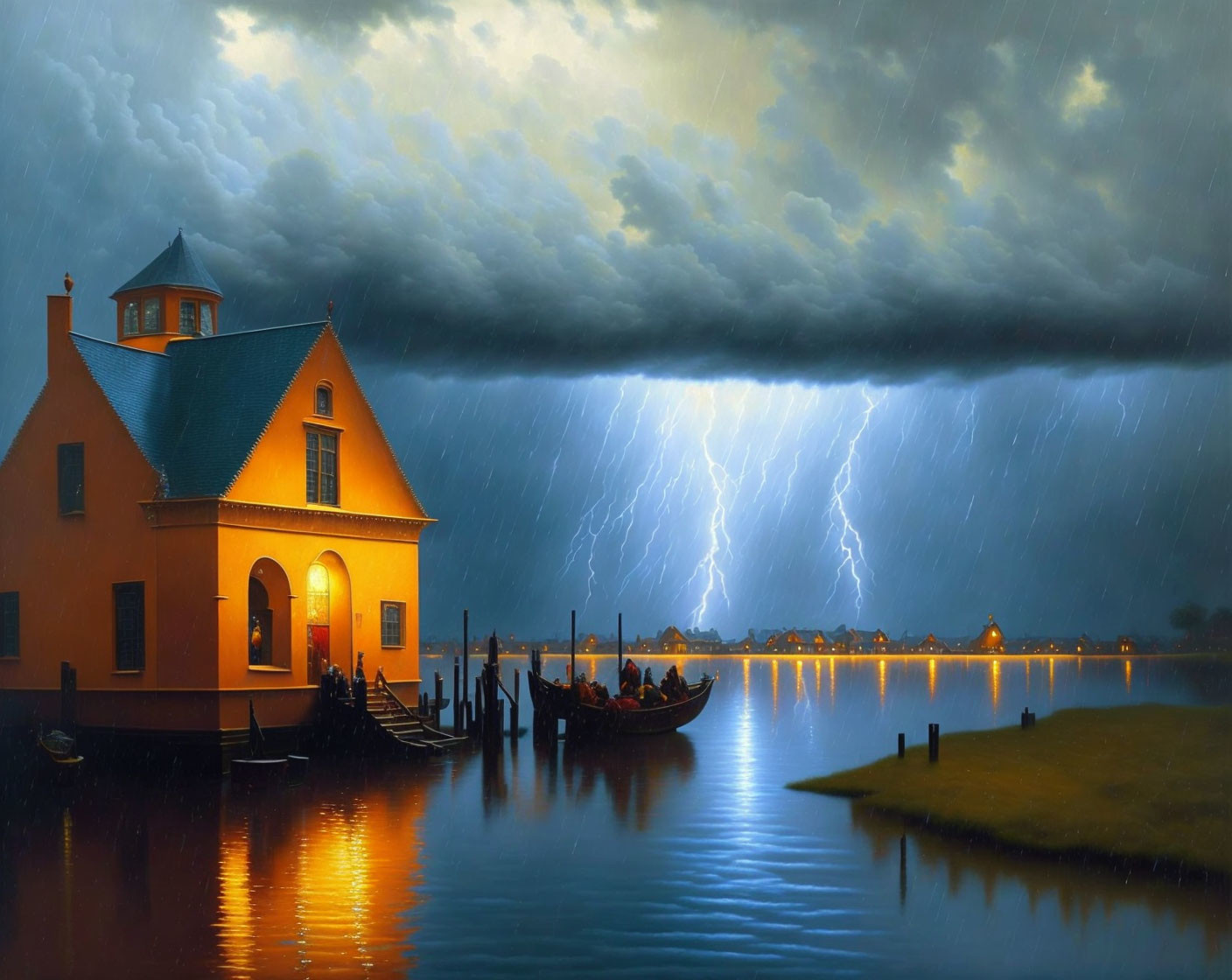 Tranquil waterfront dusk with yellow house, boats, and lightning storm.