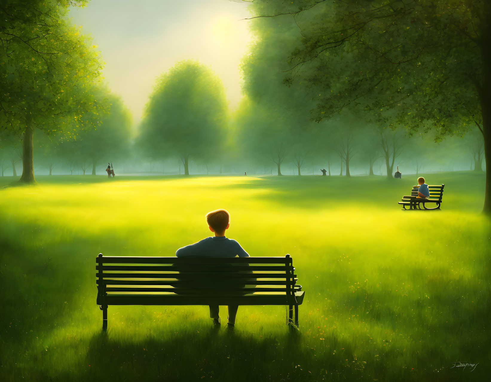 Solitary figure on park bench in serene green landscape