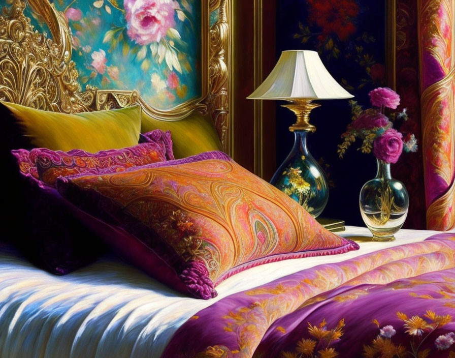 Luxurious Bedroom with Gold Headboard and Vibrant Decor