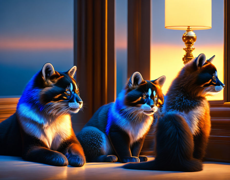 Stylized anthropomorphic raccoons by window at dusk