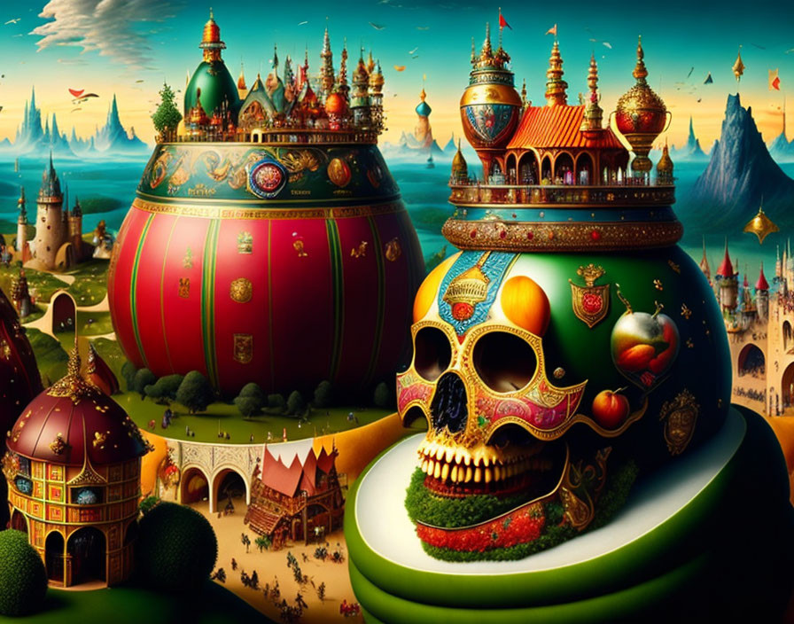 Fantastical landscape with skull-shaped buildings and floating islands