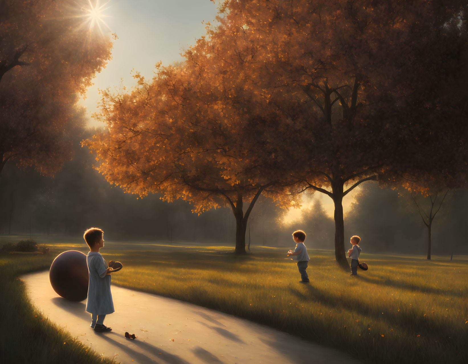 Children playing with a ball under autumn trees on a serene path