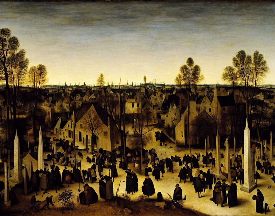 Detailed 16th-Century Village Scene with Figures and Bare Trees