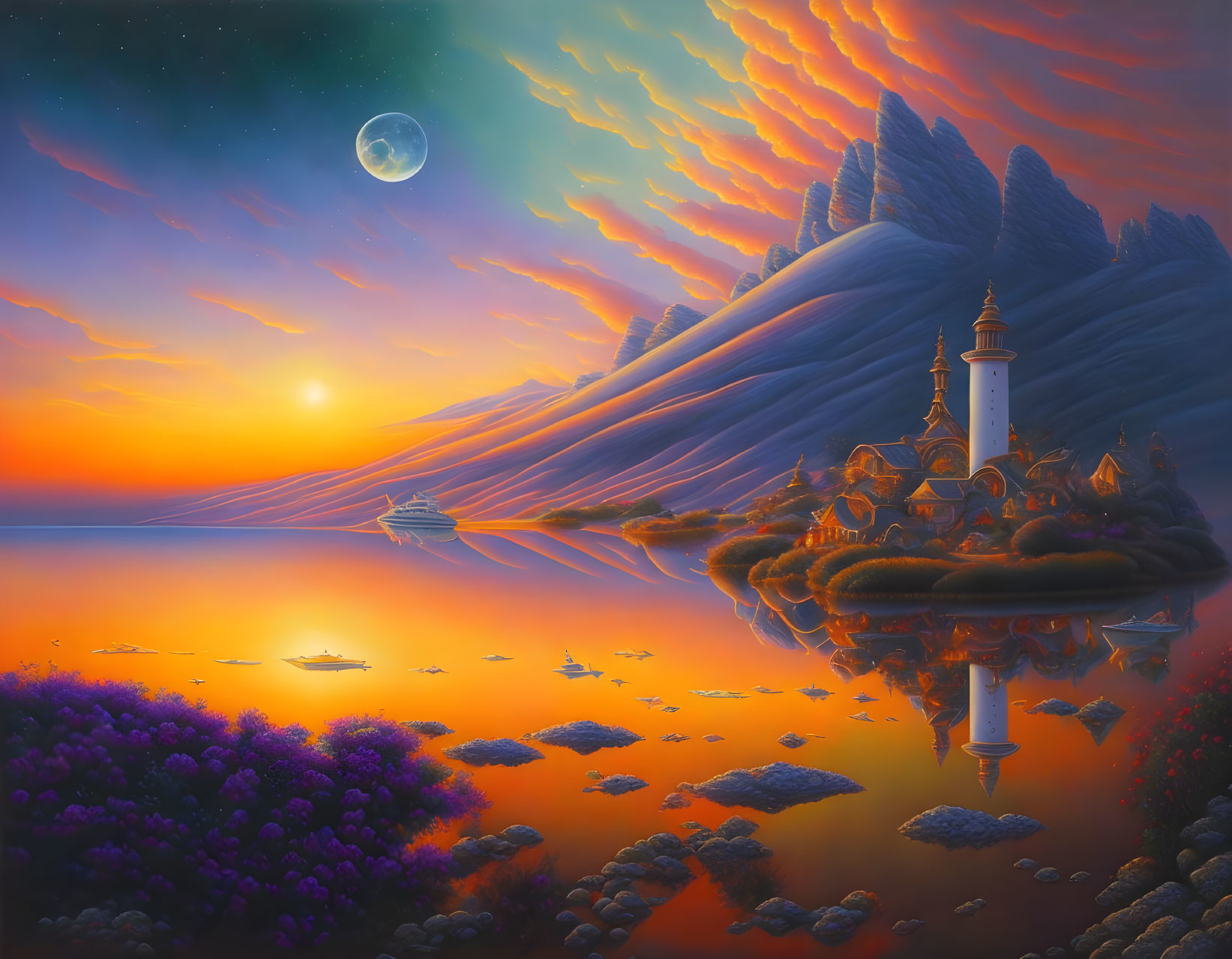 Scenic landscape with lighthouse, sunset, boats, flowers, mountains, and crescent moon