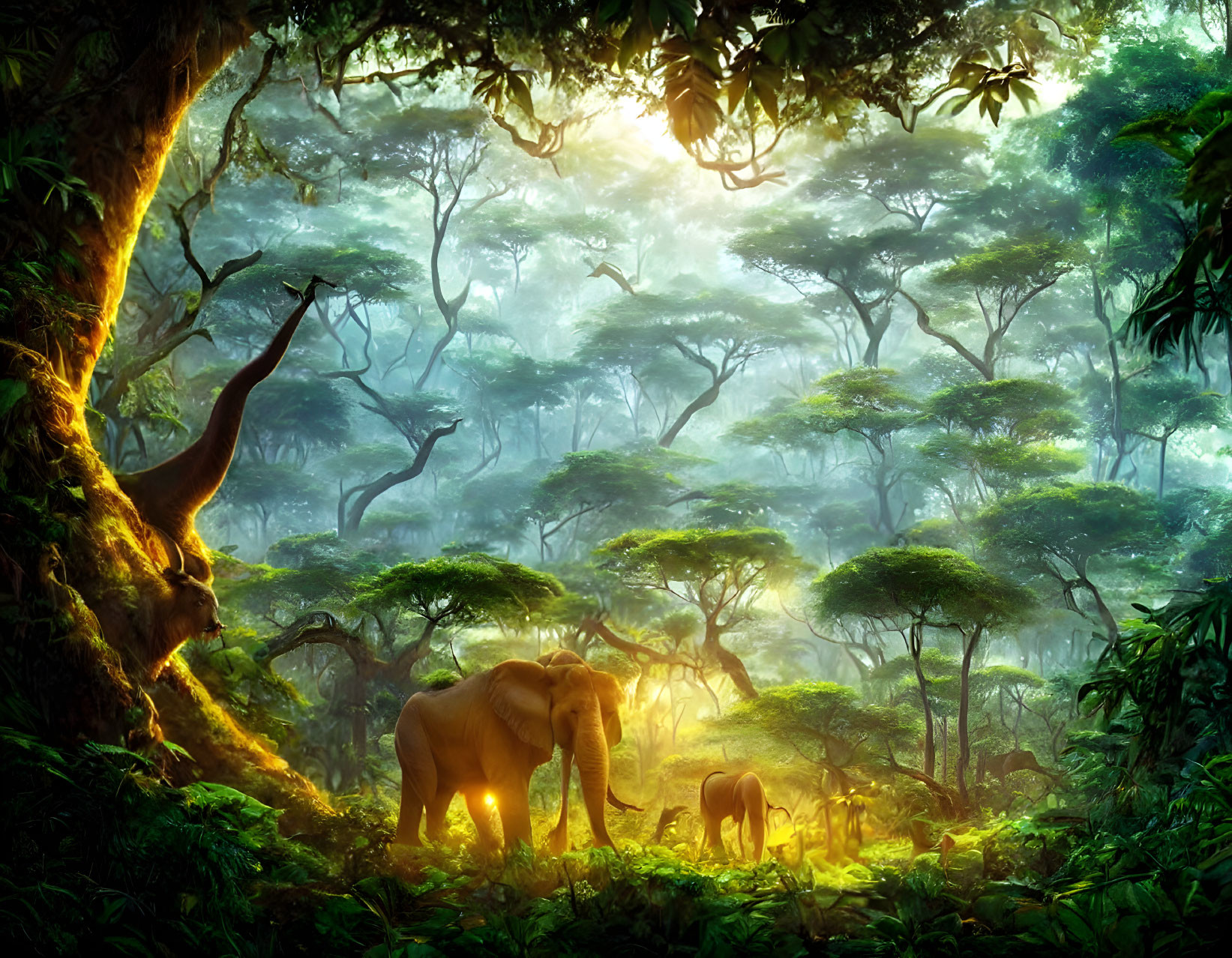 Elephants in misty forest with sunbeams