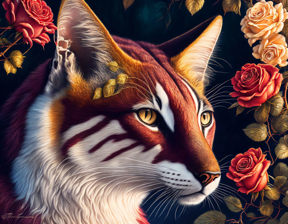 Colorful feline digital art with vibrant roses and gold leaves