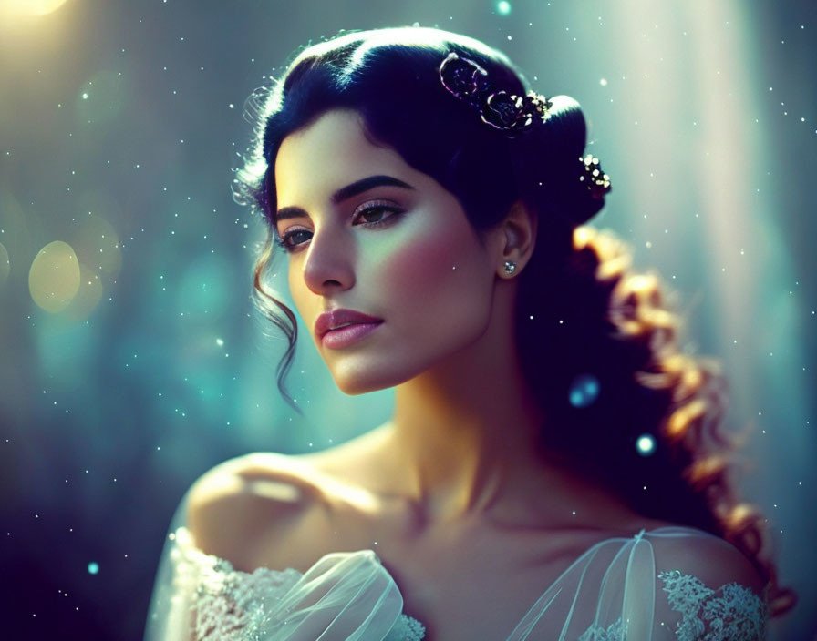 Dark-haired woman portrait with floral adornments and dreamy backdrop