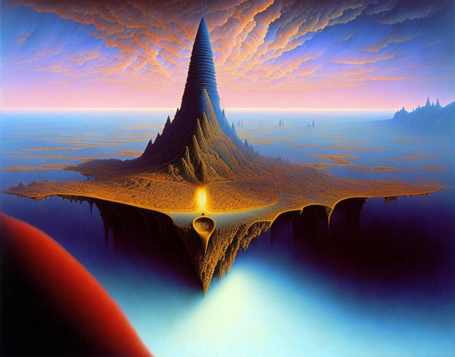 Majestic surreal landscape with spire-like mountain, intricate patterns, orange clouds, and glowing portal