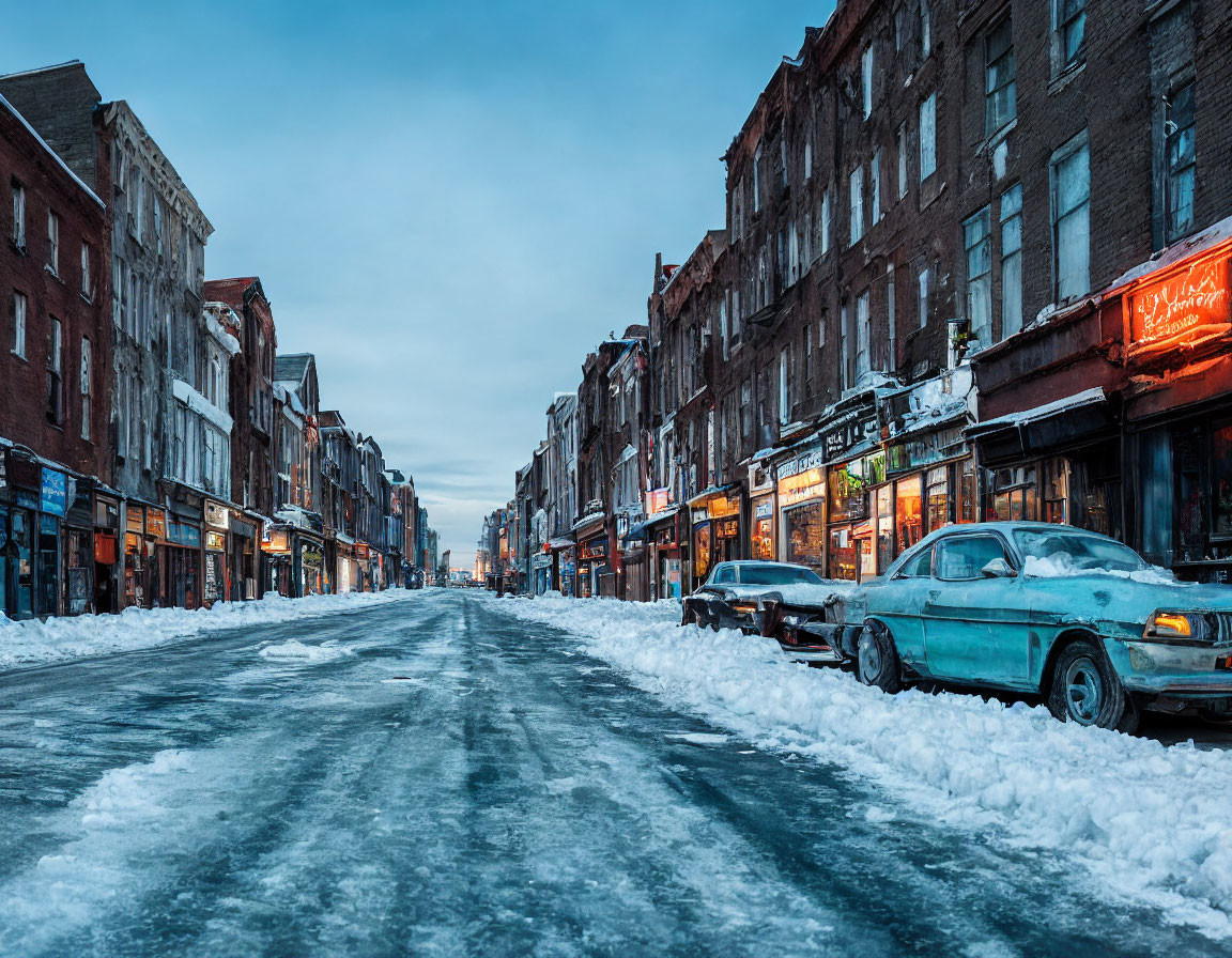 Snow-covered Dusk Street Scene with Parked Cars and Illuminated Storefronts