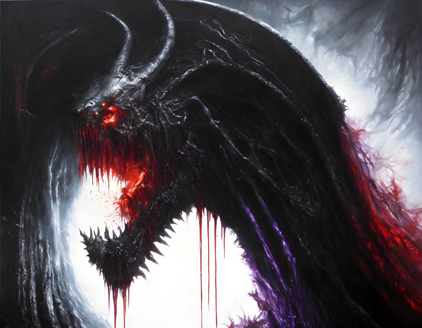 Monstrous black dragon with crimson eyes and sharp horns