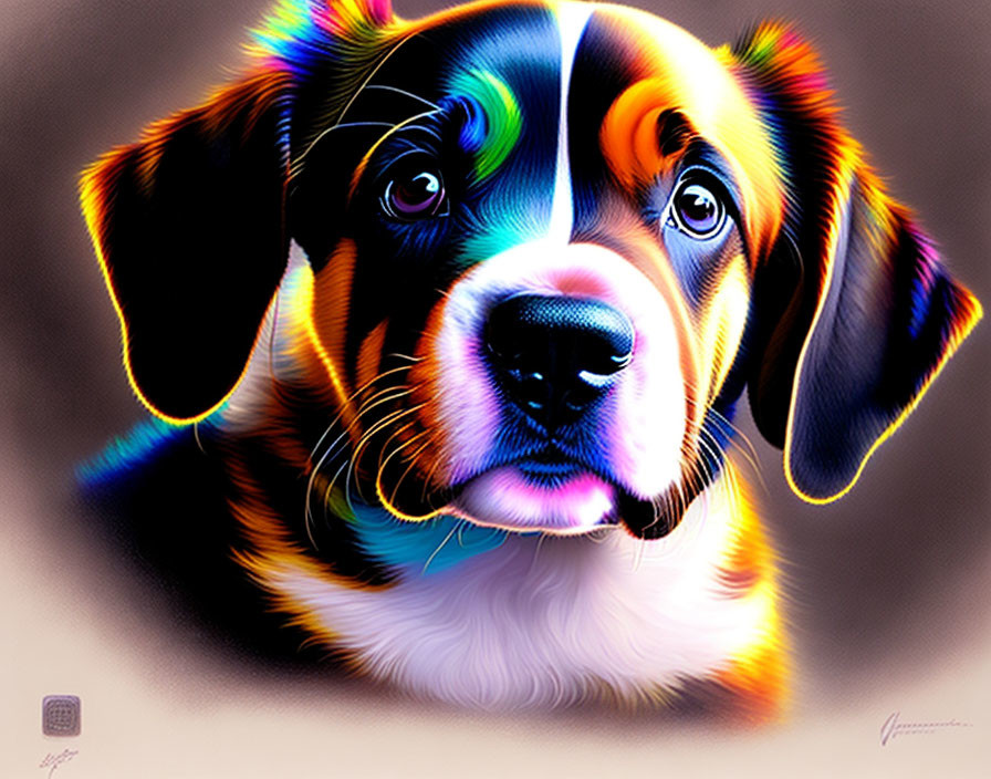 Vibrant digital dog art with neon outlines on dark background