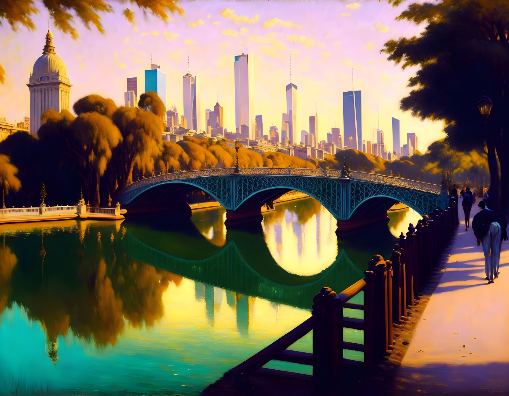 Tranquil park scene at sunset with bridge, water reflection, and city skyline