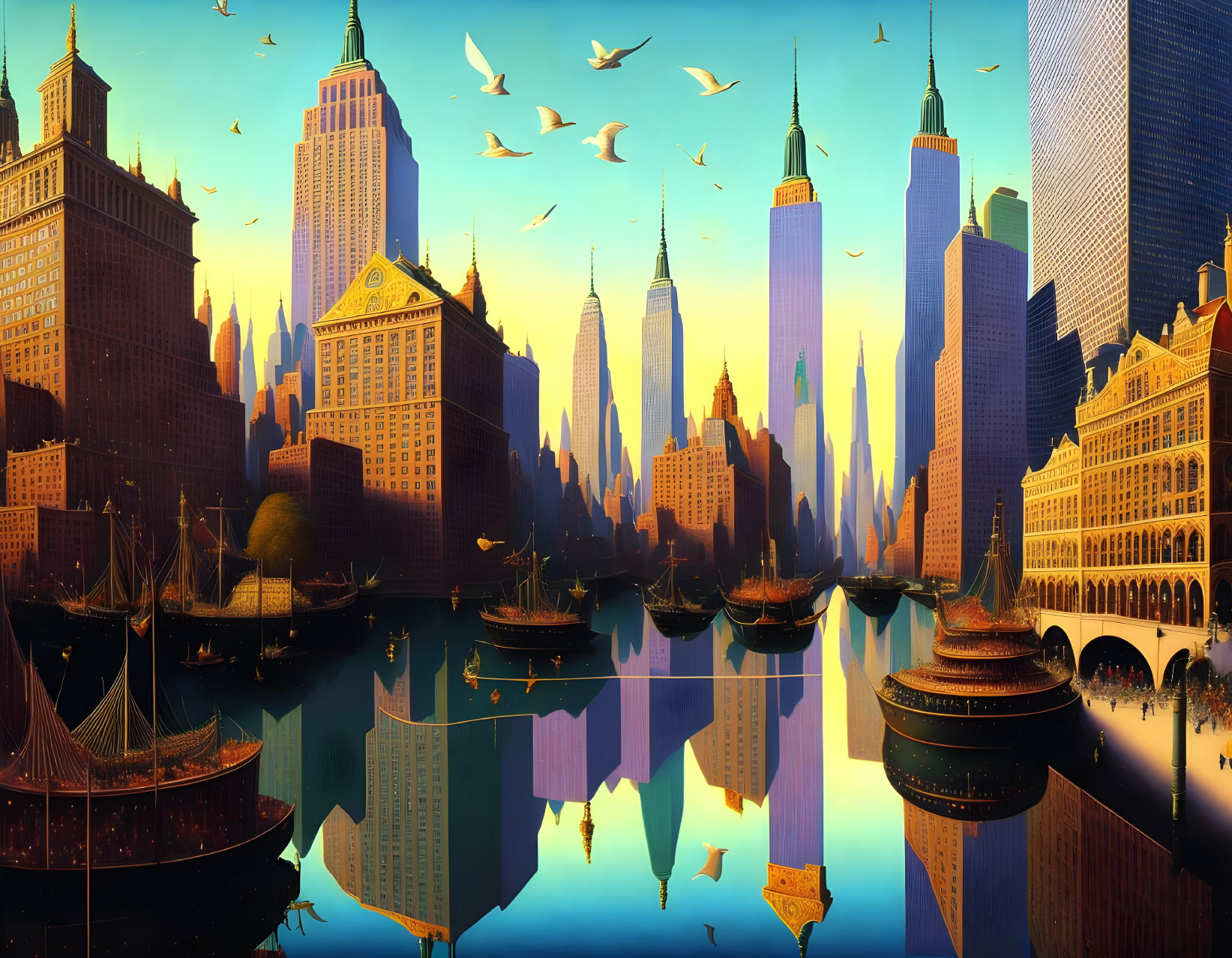 Futuristic cityscape with skyscrapers, reflective water, boats, and birds